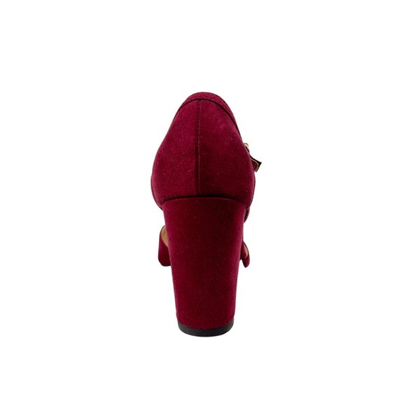 Burgundy Velvet Block Heels with Round Toe and Ankle Strap - Picture 5 of 5